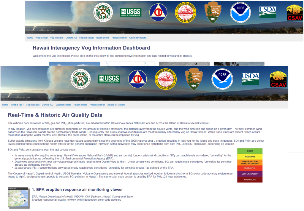 Multi-agency websites offer numerous tools and resources to inform the public about vog and other volcanic hazards:

Hawaii Interagency Vog Information Dashboard
