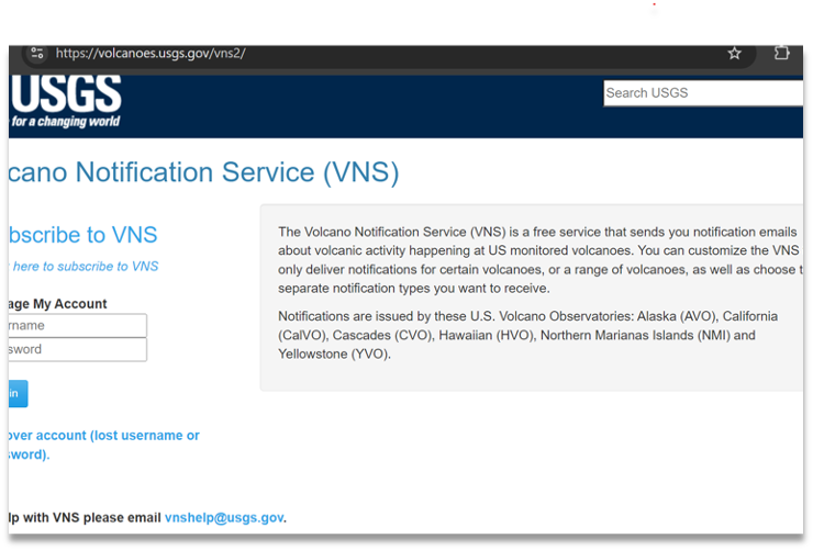 USGS Volcano Notification Service (VNS)