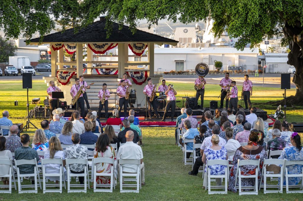 Hawaii National Guard 111th Army Band performs at the 2025 U.S. Indo-Pacific Command summer engagement in honor of Hawaii community partners in Pearl Harbor, July 2. Military bands foster a sense of unity and pride, uplift communities and strengthen alliances through a diverse offering of musical talent. (U.S. Navy photo by Mass Communication Specialist 1st Class John Bellino)