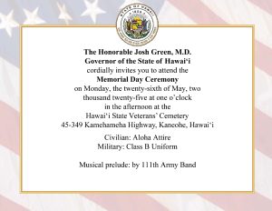 You're invited to the Governor's Memorial Day Ceremony at Hawai'i State Veterans Cemetery