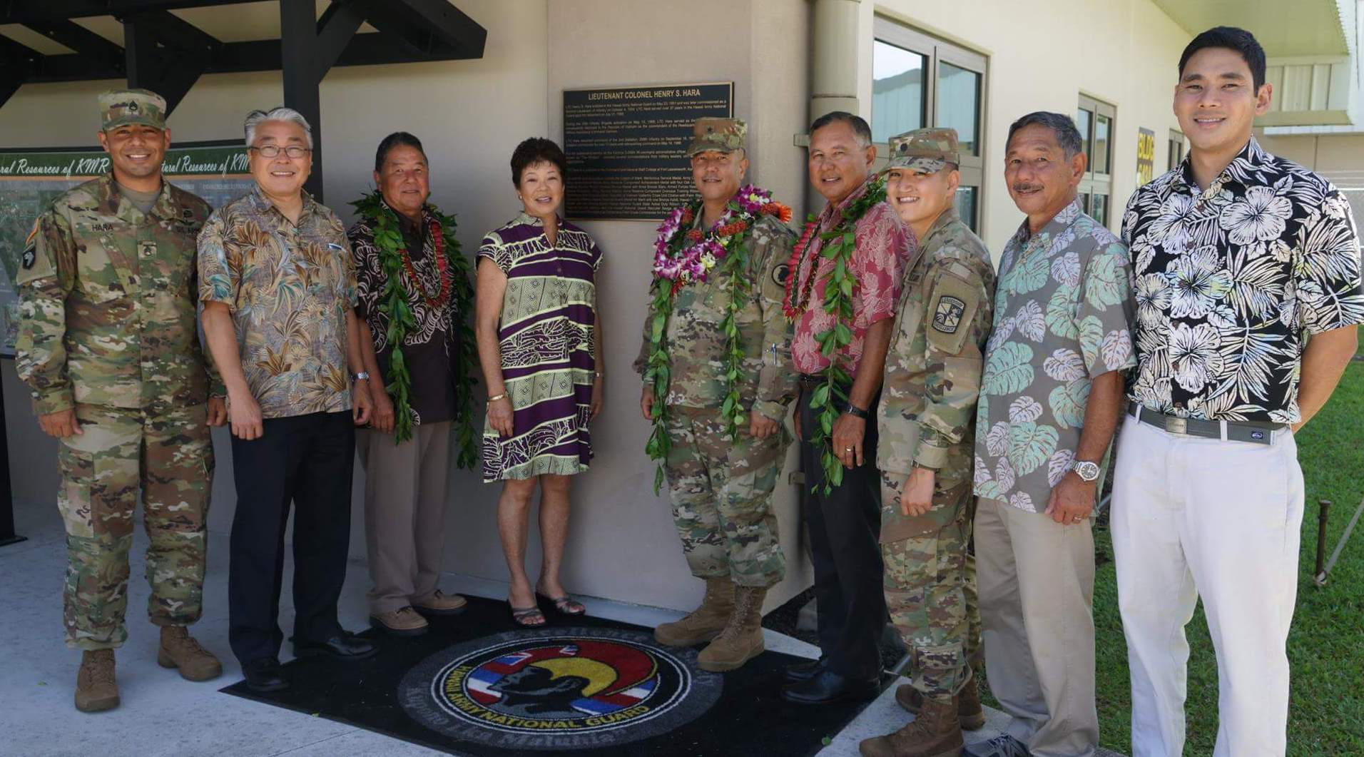 Members of the Hara family present at the ceremony. L to R: SSG Ryan Hara, 25th CAB, 25th ID (L); Maj Darren Hara, USAF Retired; CSM Dennis Hara, US Army Retired; MSgt Donna Shimizu, USAF Retired; BG Kenneth Hara, DAG; MG Gary Hara, US Army Retired; CDT Justin Hara, UH ROTC; 1SG Larry Hara, US Army Retired; Jarrett Hara, NAVFAC. (click on photo to enlarge)