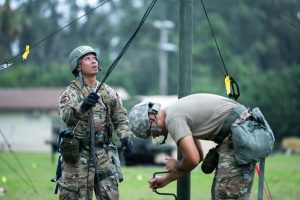 U.S. Air Force Staff Sgt John Casison 297th Combat Air Operations Squadron, Radar, Airfield & Weather Systems technician, erects ground-to-air radio frequency antenna at Bellows Air Force Station, Hawaii, April 9, 2026. Practicing these skills helped the airmen demonstrate their ability to support dispersed operational sites and maintain operational readiness. (U.S. Air National Guard photo by Airman 1st Class Lydia Tristan)