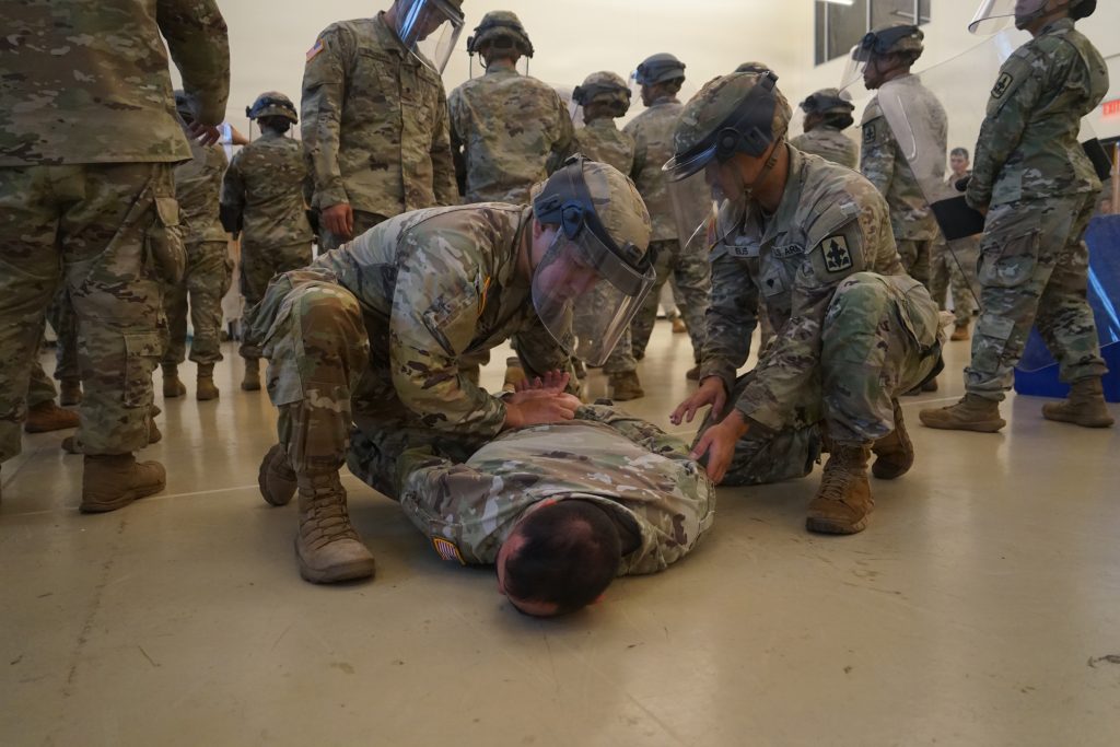 Soldiers with the Hawai'i National Guard conduct civil disturbance training at the 29th Readiness Center, Kalaeloa, Hawaiʻi, on March 20, 2026. The training, where soldiers acted as both protesters and responders, is part of an effort to meet updated federal guidelines for the National Guard Response Force, which focuses on de-escalation, site security and the protection of critical infrastructure. (U.S. Army National Guard photo by Rachel Blaire)