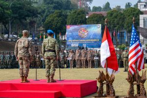 Brig. Gen. Phillip L. Mallory (left), Hawaiʻi National Guard deputy adjutant general, stands alongside Maj. Gen. Iwan Bambang S., S.I.P., commander of the Indonesian Armed Forces Peacekeeping Center (PMPP TNI), during the opening ceremony of Exercise Garuda Canti Dharma III at the Indonesian Peacekeeping Training Center, July 20, 2026. The exercise brings together more than 700 military members and civilians from 22 nations to strengthen interoperability and prepare participants for future United Nations peacekeeping missions. Garuda Canti Dharma III marks the final iteration funded through the Global Peace Operations Initiative. (U.S. National Guard photo by Senior Master Sgt. Mysti Bicoy)