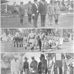 FIELD TRAINING SCENES, 1926 Upper: Col. L. M. Judd. Comdg. 298th Inf., and Staff. No. 2: Gov. Farrington, Delegate Jarrett, Mayor Wilson, and General Smith Review the 298th Infantry No. 3: Major General E. M. Lewis. Comdg. Hawaiian Dept., Inspects Camp Lower: A Company Kitchen in the Field