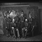 HONOLULU RIFLES - Col. V. V. Ashford and staff. Left to right- Standing - Dr. John Brodie, W. W. Hall, Geo. E. McLeod and Hugh Gunn. Sitting - H. F. Hebbard and V. V. Ashford