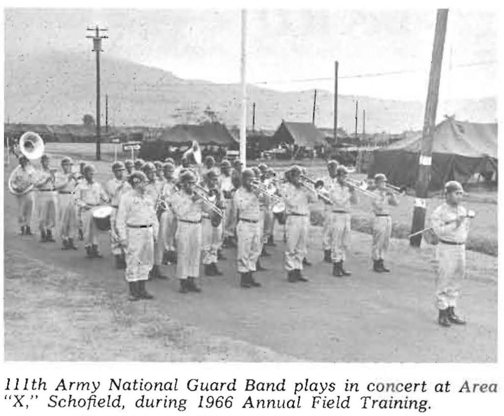 111th Army National Guard Band plays in concert at Area "X," Schofield, during 1966 Annual Field Training.