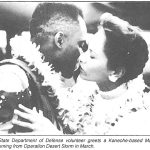 A State Department of Defense volunteer greets a Kaneohe-based Marine returning from Operation Desert Storm in March.