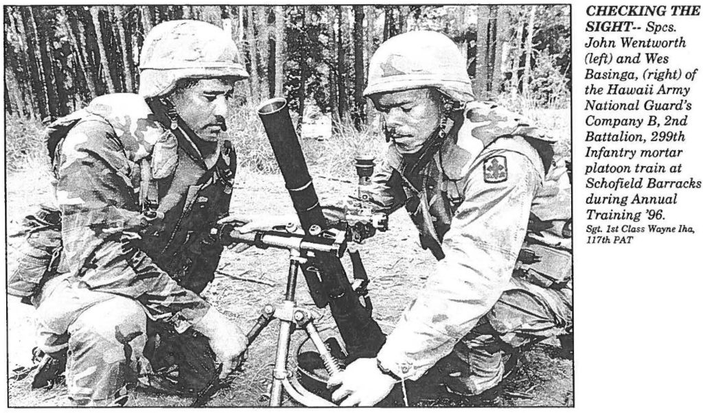 CHECKING THE SIGHT-- Spcs. John Wentworth (left) and Wes Basinga, (right) of the Hawaii Army National Guard's Company B, 2nd Battalion, 299th Infantry mortar platoon train at Schofield Barracks during Annual Training '96. Sgt. 1st Class Wayne Iha, 117th PAT