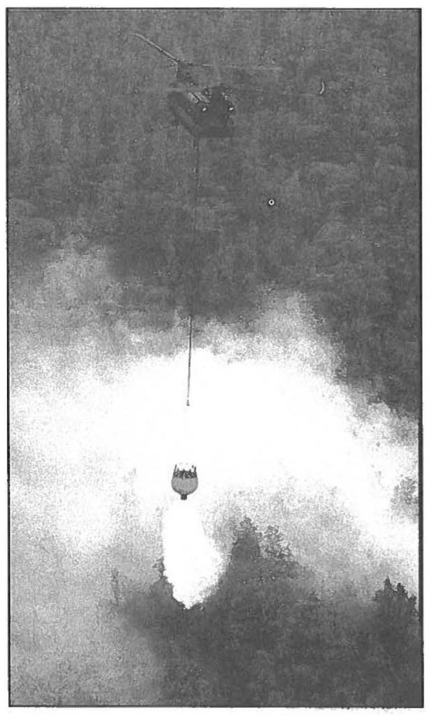 2,000 GALLON BUCKET BRIGADE-A Hawaii Army National Guard CH- 47 D Chinook medium lift helicopter drops a 2,000-gallon load of water over a bushfire in Puna, on the Big Isle of Hawaii. William Ing, Hawaii Tribune-Herald photo