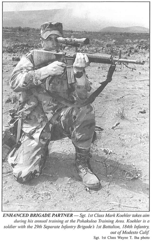 ENHANCED BRIGADE PARTNER - Sgt. 1st Class Mark Koehler takes aim during his annual training at the Pohakuloa Training Area. Koehler is a soldier with the 29th Separate Infantry Brigade's 1st Battalion, 184th infantry, out of Modesto Calif Sgt. 1st Class Wayne T. Iha photo