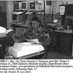 24-0H-7 - Sgt. 1st Class Jerome J. Fonseca and Sgt. Simon L. Martinez Jr., 25th Infantry Division (Light), Detachment-Rear Operations Center, run operations at Schofield Barracks emergency operating center following Sept. 11. Master Sgt. Stephen M. Lum photo