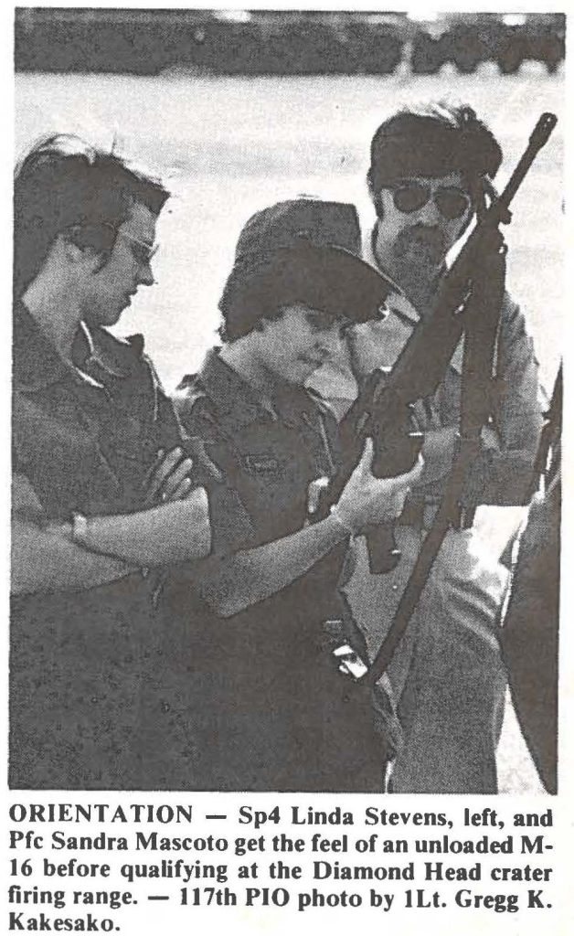 ORIENTATION - Sp4 Linda Stevens, left, and Pfc Sandra Mascoto get the feel of an unloaded M16 before qualifying at the Diamond Head crater firing range. - 117th PIO photo by 1 Lt. Gregg K. Kakesako.