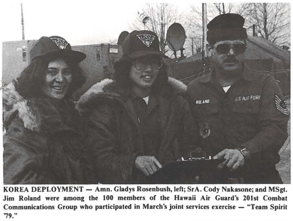 KOREA DEPLOYMENT - Amn. Gladys Rosenbush, left; Sr A. Cody Nakasone; and MSgt. Jim Roland were among the 100 members of the Hawaii Air Guard's 201st Combat Communications Group who participated in March's joint services exercise - "Team Spirit