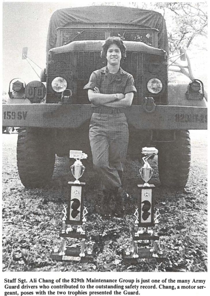 Staff Sgt. Ali Chang of the 829th Maintenance Group is just one of the many Army Guard drivers who contributed to the outstanding safety record. Chang, a motor sergeant, poses with the two trophies presented the Guard.