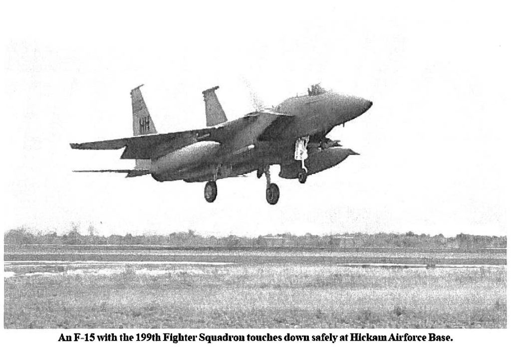 An F-15 with the 199th Fighter Squadron touches down safely at Hickam Airforce Base.