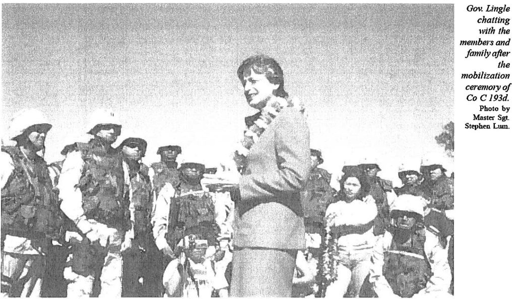 Gov. Lingle chatting with the members and family after the mobilization ceremony of Co C 193d. Photo by Master Sgt. Stephen Lum.