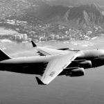 The first Hawaii-based C-17 Globemaster III flies past Diamond Head Crater on its way to Hickam Air Force Base for the official arrival ceremony, Feb 8. Tech. Sgt. Shane A. Cuomo, U.S. Air Force photo