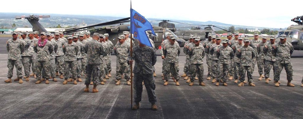 IRAQI BOUND -- Soldiers from the Hawaii Army National Guard’s Company C, 1st Battalion 207th Aviation, participate in a farewell ceremony held at their Hilo, Hawaii headquarters at Lyman Field, April 2007. Sgt. 1st Class Stephen M. Lum photo