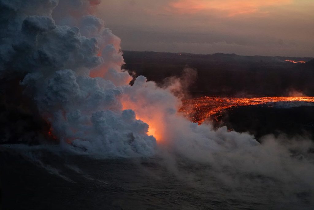 “Laze” forms during Kīlauea eruptions, Pāhoa HI. Lava haze, the white plume that’s created when lava meets the water, formed during the Kīlauea eruptions in 2018. The violent collision emits a mixture of glass shards and a corrosive substance - that officials had to keep their eye on and warn the public to stay away from. (Photo by: Tech Sgt. Andrew Jackson)