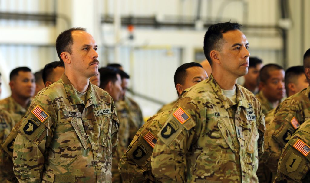 Hawai‘i National Guard “Voyagers” come home, Kapolei, HI. Hawai‘i Army National Guard Soldiers of Company B, 1st Battalion, 171 Aviation Regiment, stand in formation during their homecoming ceremony at the Kalaeloa Army Aviation Support Facility. The “Voyagers” have been deployed since April 2018, and came home June 2019. (Photo by: Spc. Matthew Foster)