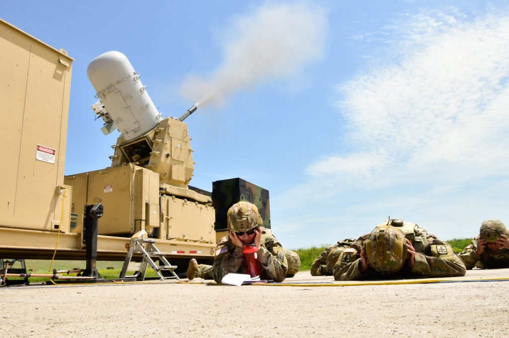 Hawai‘i Army National Guard unit makes history with C-RAM mission, Lawton, OK. Brig. Gen. Kenneth Hara, Deputy Adjutant General, along with HIARNG leadership took cover as the Countery Rocket Artillery Mortar weapon engaged a simulated attack. The leadership team was visiting Hawai‘i Army National Guard Soldiers with 1st Battalion, 487th Field Artillery Regiment during their C-RAM operations training in Oklahoma. (Photo by: Sgt. 1st Class Theresa Gualdarama)