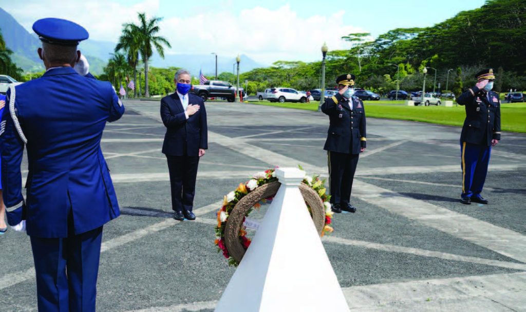 Placing of the state wreath on Memorial Day, Honolulu HI. Gov. David Ige, Adjutant General Maj. Gen. Kenneth Hara, Deputy Adjutant General Col. Stephen Logan, Senior Enlisted Leader Command Sgt. Maj. Dana Wingad, OVS Director Col. (Ret). Ronald Han and others, participate in a special wreath laying ceremony at the Hawai‘i State Veterans Cemetery to pay tribute to and honor the sacrifices of our fallen members of the Armed Forces on Memorial Day. (Photo by Tech Sgt. Andrew Jackson)