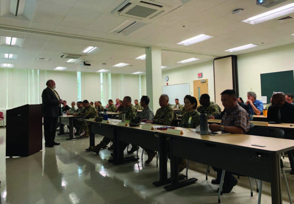 Deputy of the Army Inspector General outbrief, Honolulu, HI. Stephen McFadden, the Deputy Inspector General from the First Army IG Team outbriefs the deputy adjutant general, chief of staff, FMO, and the USPFO staff on the results of the IG findings. The DA-IG team inspected for compliance of the acocunts and records of the property and fiscal officer and verified if they were properly maintained. (Photo by: Janine Tenorio)