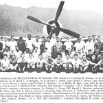 SOME OF THE FIRST HANGmen AT BELLOWS FIELD, 23 November 1946. Seated: 1st Lt George R. Duncan, 1st Lt Walter F. Judd, 1st Lt John L. Perry, unknown, 1st Lt David L. Withington, 1st Lt Russell L. Smith, Capt Charles C. Royce, Capt Walter J. Kirschke, 1st Lt Alfred D. Shaheen, 1st Lt Edward L. Stuart, Capt William D. Weichert, 1st Lt Robert M. Barry, Capt John M. Becker, unknown, Lt Alexander R. Anderson, Maj Leonard S. Marshall (SAI). Kneeling: SSG Donald I. Carpenter, ? M. S. Padeken, SSG Richard S. O. Lee, Sgt Earl T. Padeken, unknown carpenter, unknown carpenter, Pvt Richard L. Wong, SSG Harold J. Martinez, unknown, TSG Winton O. Sanson, SSG Oscar H. Weiss, Cpl Will K. Brown, unknown. Standing: Capt Valentine A. Siefermann, MSG Merlin J. Davidson, SSG Edward R. Watson, SSG Ernest B. Holmwood, Cpl Charles L. Flanery,? Donald Hopkins, Pvt Simeon Domingo, Cpl Lemuel A. Jones, Pvt Richard M. Uchida, SSG Herbert Ing, TSG Robert A. Kemp, unknown, unknown, Pvt Irving R. Apana, Sgt Frederick H. Rittmeister, SSG Colburn S. Thrum, SSG Joseph L. Barnett, ? W. C. Hill, SSG Clydesdale L. LaPointe, SSG Sigund B. Jensen, unknown guard, Maj William F. Nolan (Comdr).