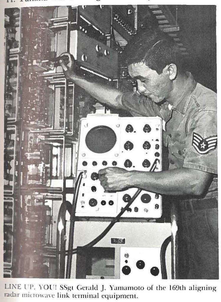 LINE UP YOU! SSgt Gerald J. Yamamoto of the 169th aligning radar microwave link terminal equipment.