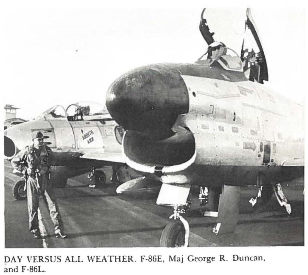 DAY VERSUS ALL WEATHER. F-86E, Maj George R. Duncan, and F-86L.