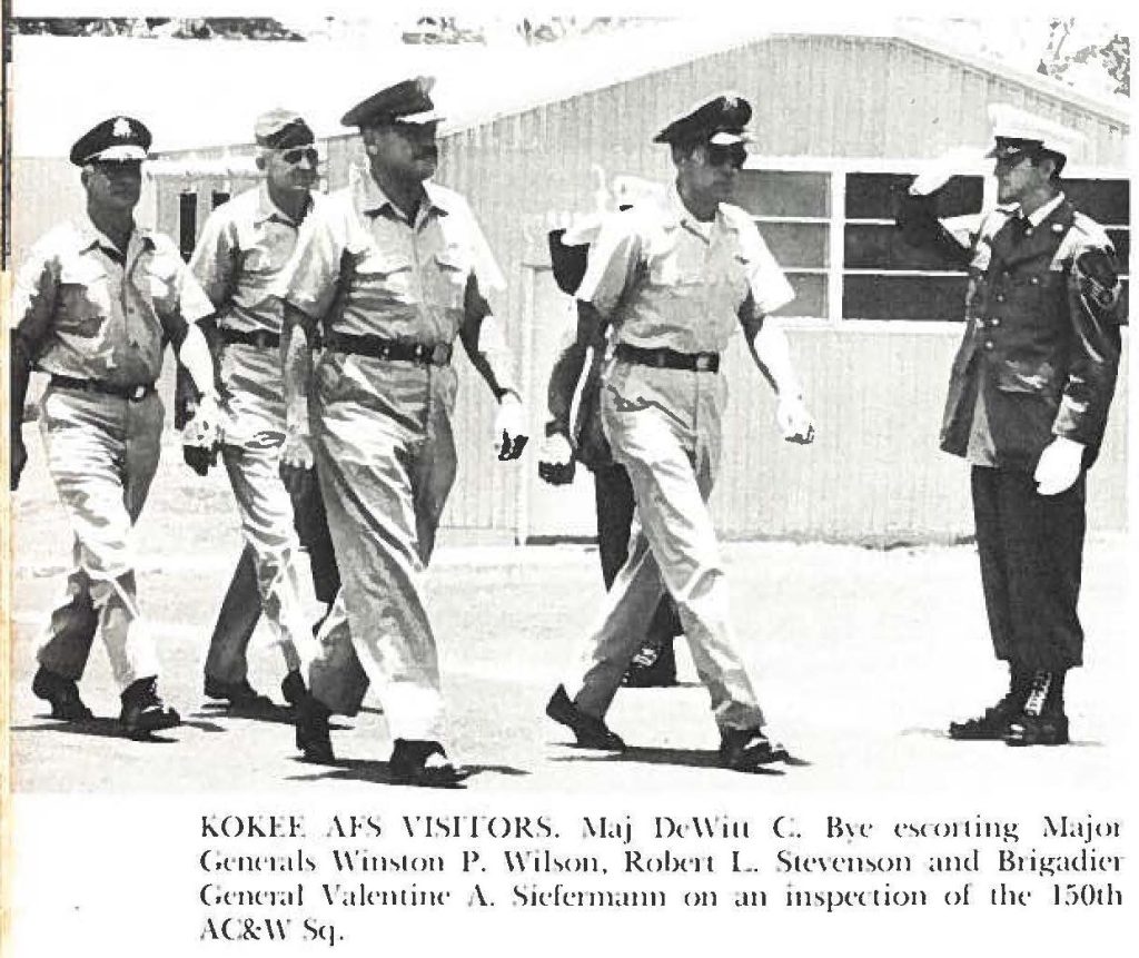 KOKEE AFS VISITORS. Maj DeWiu C. Bye escorting Major Generals Winston P. Wilson, Robert L. Stevenson and Brigadier General Valentine A. Siefermann on an inspection of the 150th AC&W Sq.