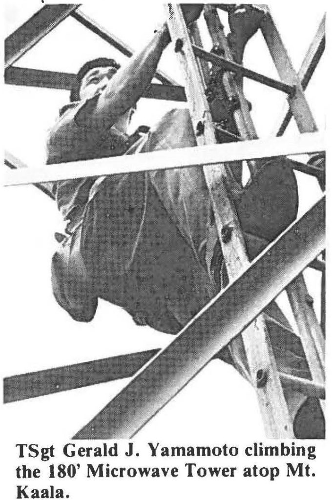 TSgt Gerald J. Yamamoto climbing the 180' Microwave Tower atop Mt. Kaala.