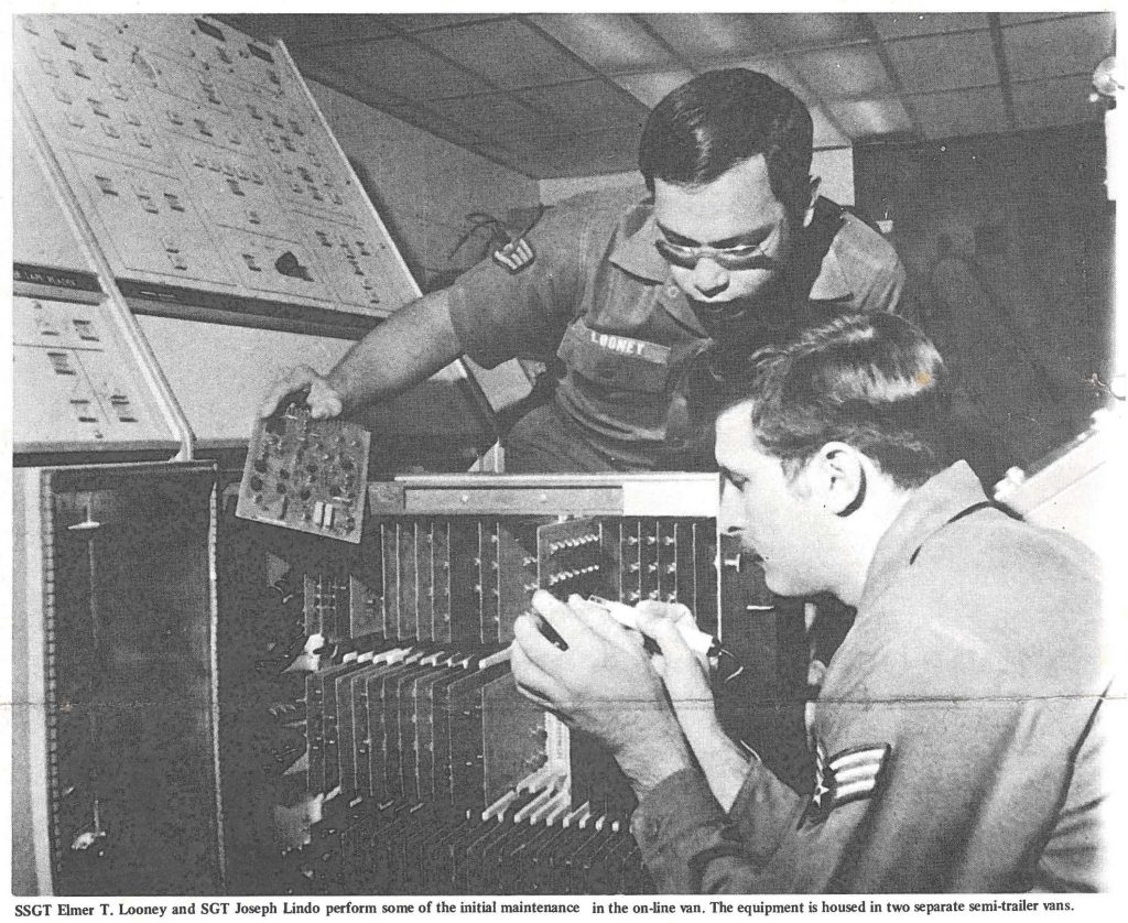 SSGT Elmer T. Looney and SGT Joseph Lindo perform some of the initial maintenance in the on-line van. The equipment is housed in two separate semi-trailer vans.