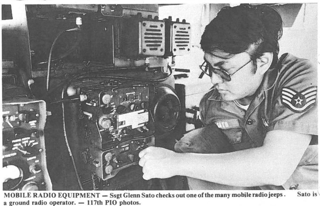 MOBILE RADIO EQUIPMENT - Ssgt Glenn Sato checks out one of the many mobile radio jeeps Sato is a ground radio operator. - 117th PIO photos.