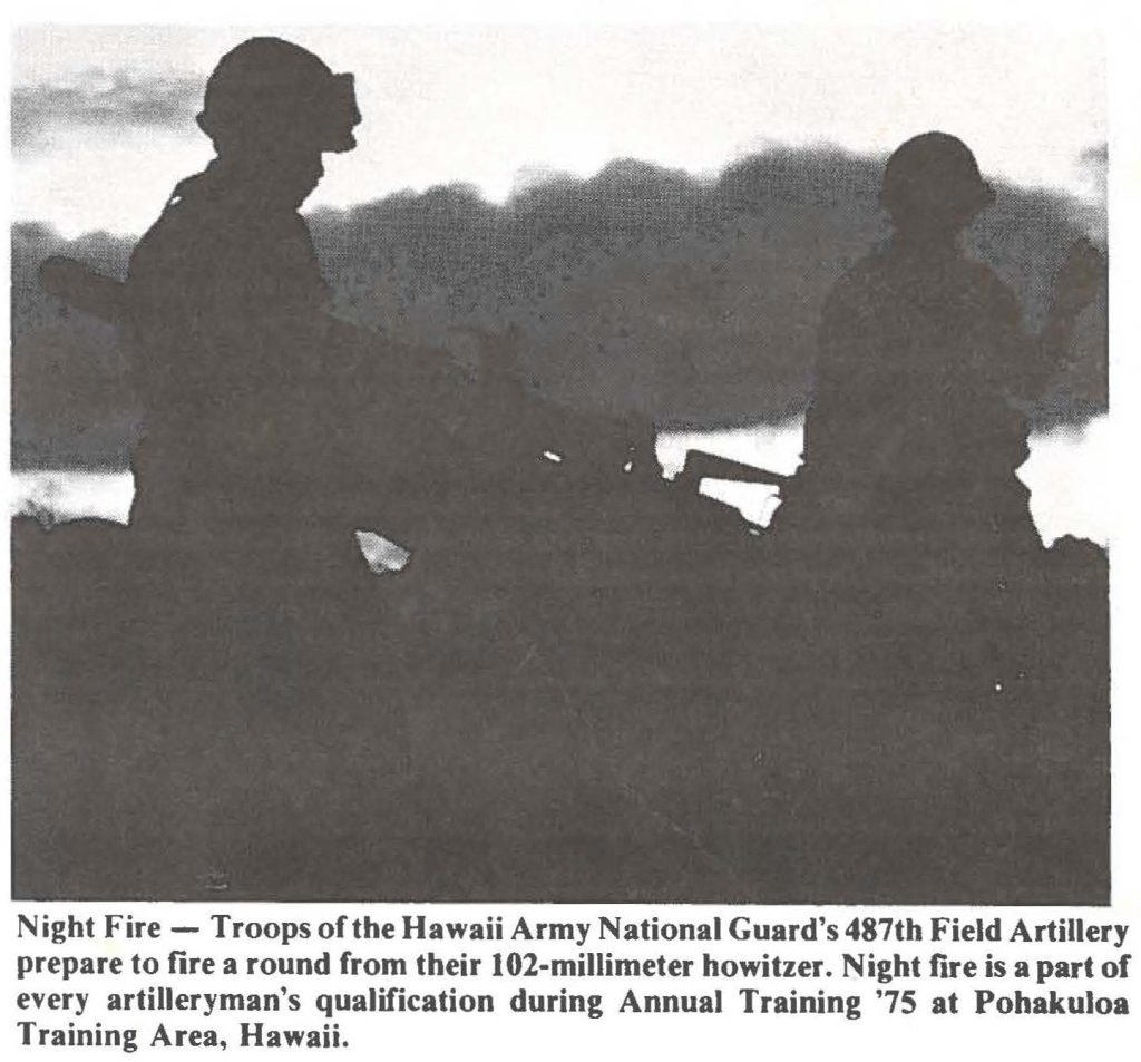 Night Fire - Troops of the Hawaii Army National Guard's 487th Field Artillery prepare to fire a round from their 102-millimeter howitzer. Night fire is a part of every artilleryman's qualification during Annual Training '75 at Pohakuloa Training Area, Hawaii.