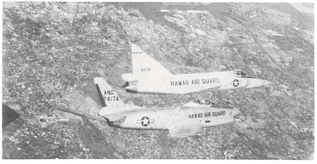 Since 1953 the Air Guard has flown four different jet aircraft. The Hawaii Guard's first supersonic aircraft, the F-86E Sabre Jets were sent to the Guard in 1955 after proving themselves in the Korean War. The F-86L Sabre Jets (left photo - bottom plane) were introduced to the Air Guard in 1958. This all-weather fighterinterceptor provided Hawaii with air defense protection at night, rocket-firing capabilities (the F86E had only 50 caliber machine guns), and a more elaborate firecontrol system. The Guard converted to F-102A Delta Daggers (left photo - top plane) in 1961. The "Deuce" not only fired folding-fin rockets, but Falcon air-to-air guided missiles.