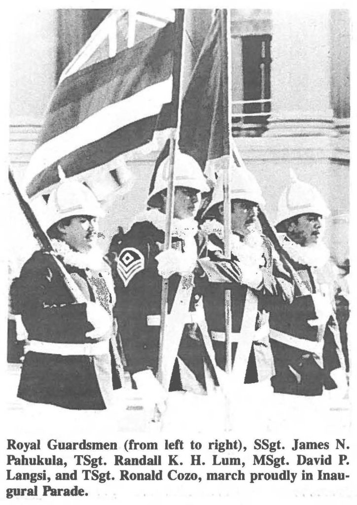 Royal Guardsmen (from left to right), SSgt. James N. Pahukula, TSgt. Randall K. H. Lum, MSgt. David P. Langsi, and TSgt. Ronald Cozo, march proudly in Inaugural Parade.