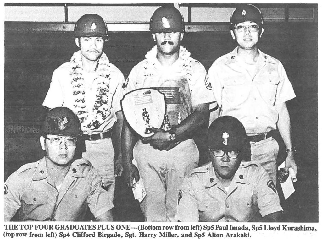 THE TOP FOUR GRADUATES PLUS ONE-(Bottom row from left) SpS Paul Imada, SpS Lloyd Kurashima, (top row from left) Sp4 Clifford Birgado, Sgt. 'Harry Miller, and SpS Alton Arakaki.