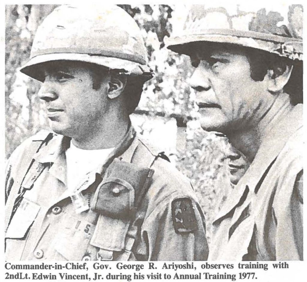 Commander-in-Chief: Gov. George R. Ariyoshi, observes training with 2ndLt. Edwin Vincent, Jr. during his visit to Annual Training 1977.