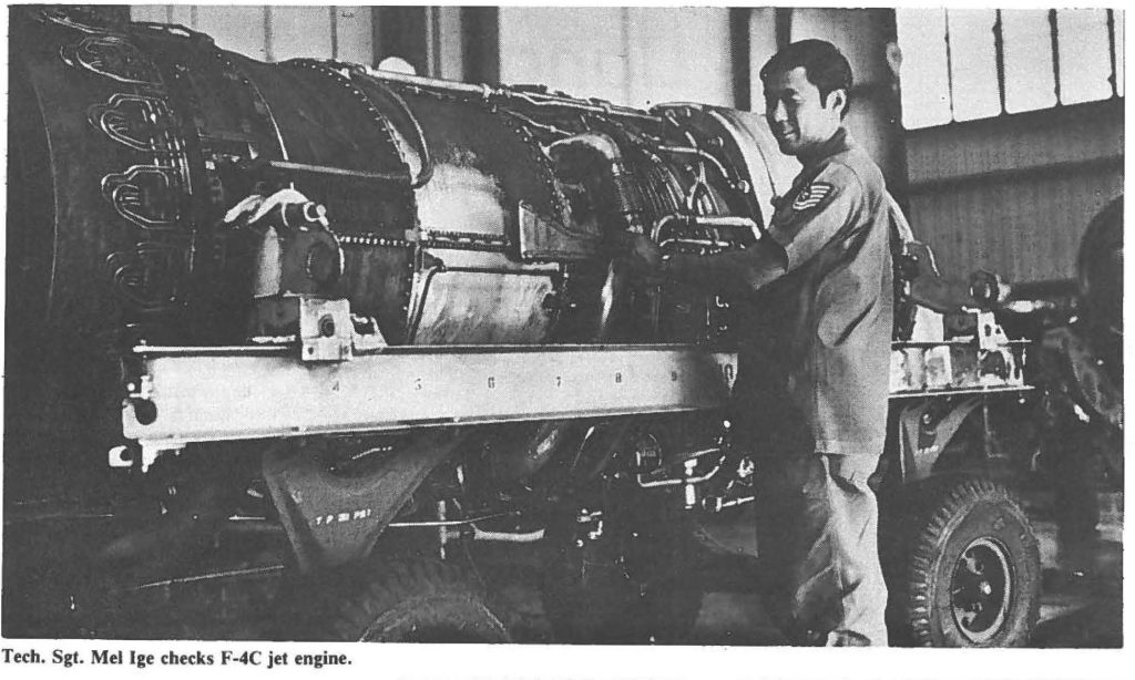 Tech. Sgt. Mel lge checks F-4C jet engine.