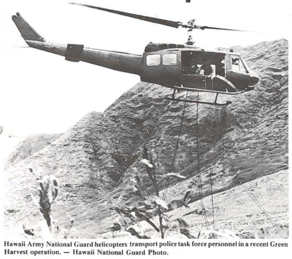 Hawaii Army National Guard helicopters transport police task force personnel in a recent Green Harvest operation. - Hawaii National Guard Photo.