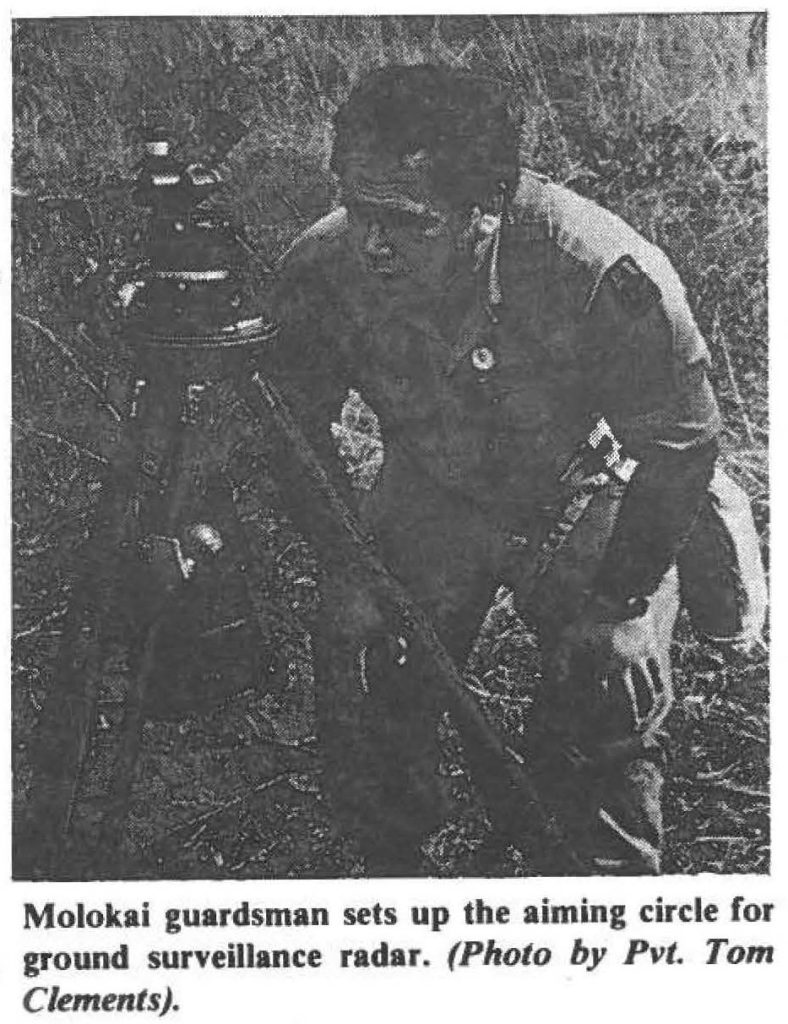 Molokai guardsman sets up the aiming circle for ground surveillance radar. (Photo by Pvt. Tom Clements).