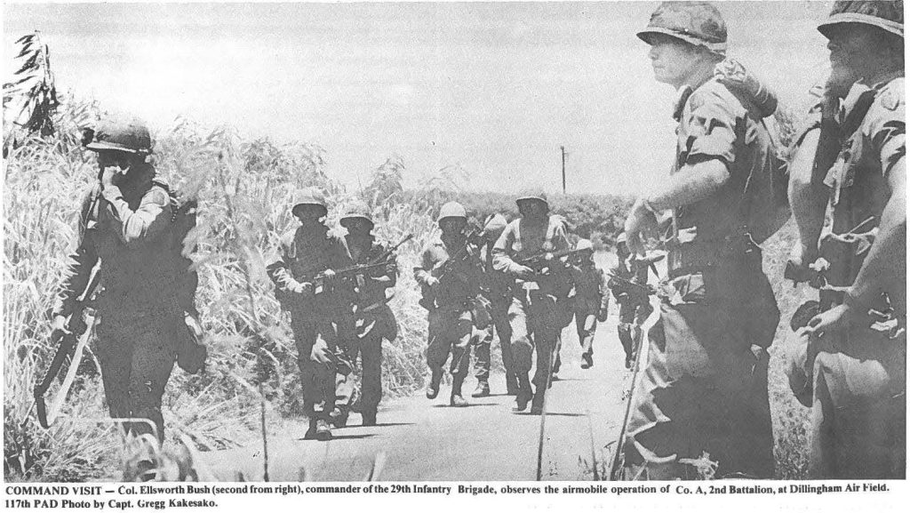 COMMAND VISIT. - Col. Ellsworth Bush (second from right), commander of the 29th Infantry Brigade, observes the airmobile operation of Co. A, 2nd Battalion, at Dillingham Air Field. 117th PAD Photo by Capt. Gregg Kakesako.