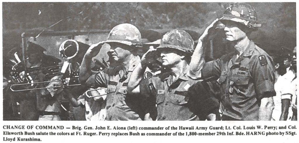 CHANGE OF COMMAND - Brig. Gen. John E. Aiona (left) commander of the Hawaii Army Guard; Lt. Col. Louis W. Perry; and Col. Ellsworth Bush salute the colors at Ft. Ruger. Perry replaces Bush as commander of the 1,800-member 29th Inf. Bde. HARNG photo by SSgt. Lloyd Kurashima.