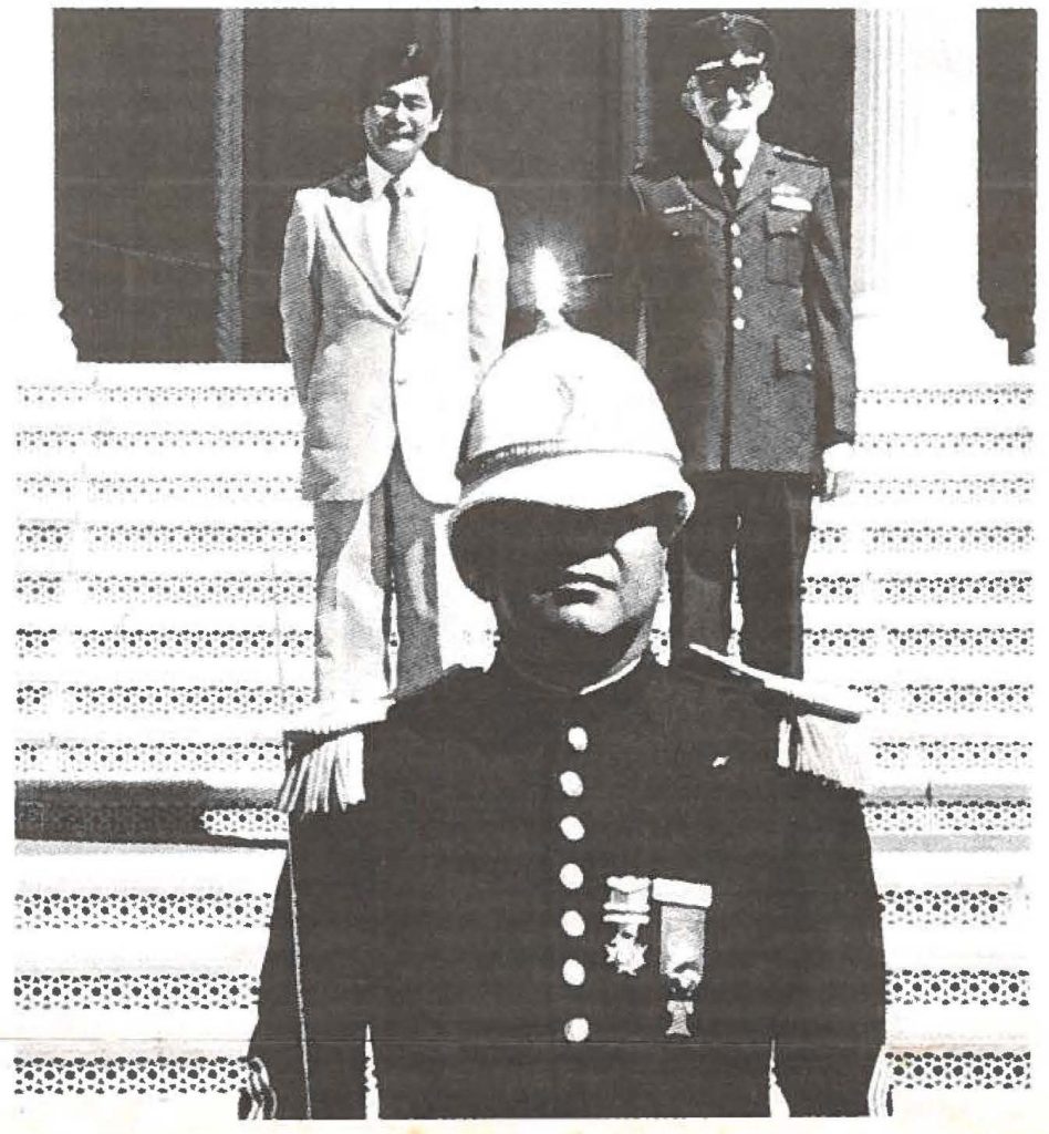 ANNUAL TRADITION - Kapena Moku, CMSgt. Harry Awana fronts Gov. George Ariyoshi (left) and Maj. Gen. Valentine Siefermann, Adjutant General, during the "Mounting of the Royal-Guard" in front of lolanl Palace.