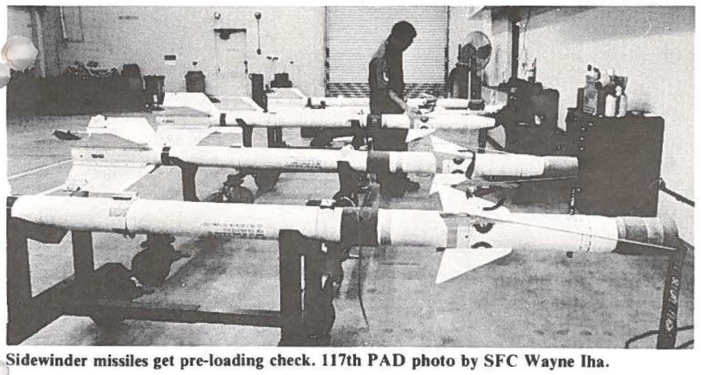 Sidewinder missiles get pre-loading check. 117th PAD photo by SFC Wayne Iha.