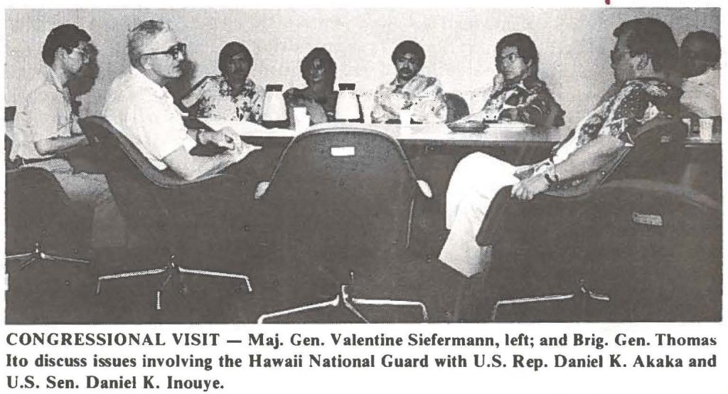 CONGRESSIONAL VISIT - Maj. Gen. Valentine Siefermann, left; and Brig. Gen. Thomas Ito discuss issues involving the Hawaii National Guard with U.S. Rep. Daniel K. Akaka and U.S. Sen. Daniel K. Inouye.