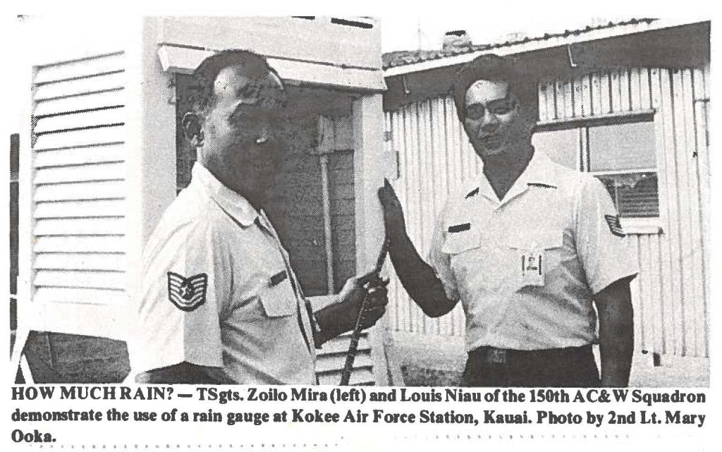 HOW MUCH RAIN?-TSgts. Zoilo Mira(left) and Louis Niau of the 150th AC&W Squadron demonstrate the use of a rain gauge at Kokee Air Force Station, Kauai. Photo by 2nd Lt. Mary Ooka.