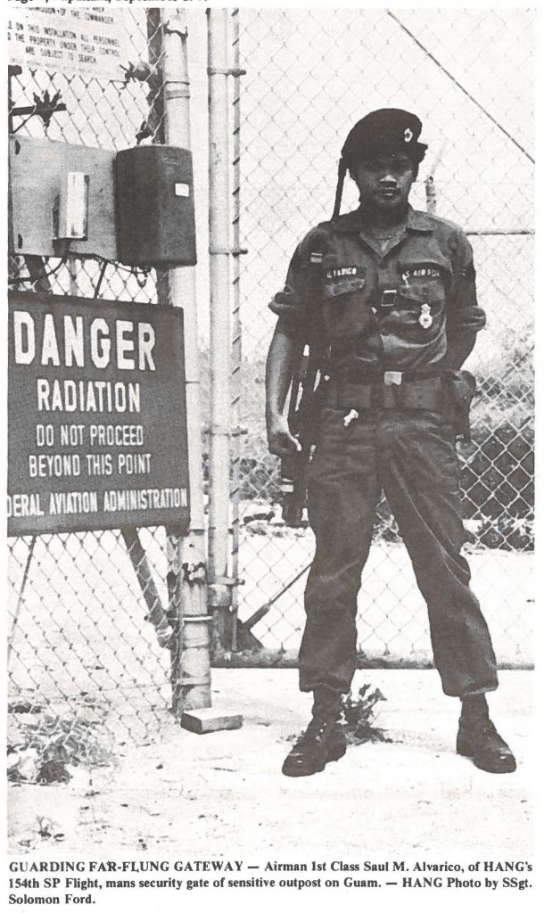 GUARDING FAR-FLUNG GATEWAY - Airman 1st Class Saul M. Alvarico, of HANG's 154th SP Flight, mans security gate of sensitive outpost on Guam. - HANG Photo by SSgt. Solomon Ford.